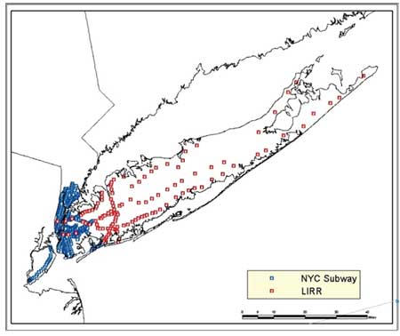 An outline map of the New York City and Long Island area shows the locations of subway stations as well as the stations served by the Long Island Railroad.