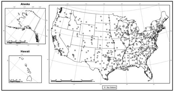 An outline map of the contiguous United States and insets for Alaska and Hawaii show locations of large bus stations. There is a heavier concentration in the New England states, Great Lakes states, along the Atlantic Coast to Florida, along the Gulf Coast, and along the Pacific Coast in southern and central California.