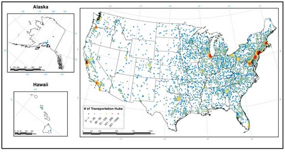 An outline map of the contiguous United States and insets for Alaska and Hawaii show locations of transportation hubs. There is a heavier concentration in the entire eastern half of the contiguous states, with particularly dense coverage in the corridor from Massachusetts to Maryland and in the Chicago area. Other areas of dense coverage are located along the Pacific Coast in southern and central California, Oregon, and Washington.