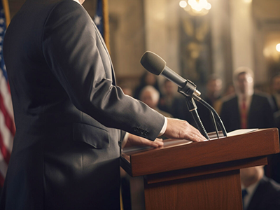 A man standing at a podium, poised to speak into a microphone. The man is dressed in professional attire, and the microphone is mounted on the podium, ready to capture his speech. The scene suggests a public speaking or presentation setting.