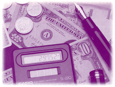 Picture of a calculator, pen, paper currency, and coins.