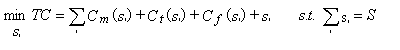 Equation - Min TC over s subscript i equals summation for variable i of C subscript m open parenthesis s subscript i close parenthesis plus C subscript t open parenthesis s subscript i close parenthesis plus C subscript f open parenthesis s subscript i close parenthesis plus s subscript i.  s.t. summation for variable i of term s subscript i equals S. In this equation, TC equals total highway costs; s subscript i equals highway expenditures by state i; C subscript m, C subscript t, and C subscript f equal congestion cost functions of motorists, truckers, and firms as given in Table 1, Column 1, and Table 2, Columns 1 and 2, respectively; and S equals current national highway spending.