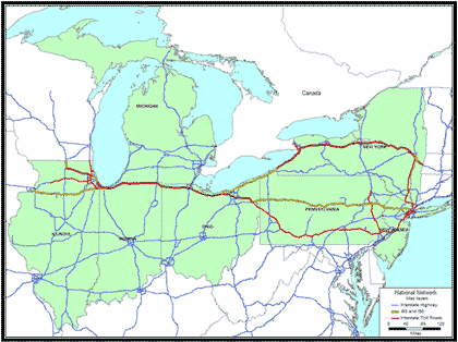 Figure 1.1 - Map - This figure shows the tolled sections of the Interstate 90 portion of the national highway network, spanning the states of New York and New Jersey in the east to Illinois in the west.