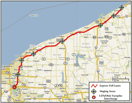 Figure 3.1 - Map - This figure shows the highways associated with the Interstate 90 corridor extending from Shipley, Pennsylvania in the east to Cuyahoga Falls, Ohio in the west. Staging areas are designated as follows: two east and one west of Erie, one in Ashtabula, and one in Euclid. The I-271 and Ohio Turnpike Interchange is designated at Cuyahoga Falls. The span of highway connecting these points is designated for express toll lanes.