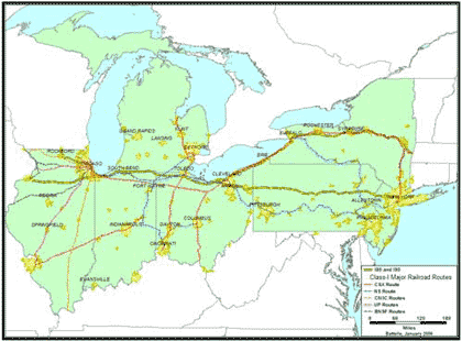 Figure 4.3 - Map - This figure is a map showing Class-1 major railroad routes along the Interstate 90 portion of the national highway network, spanning the states of New York and New Jersey in the east to Illinois in the west. Labels indicate CSX, Norfolk Southern (NS), CN/IC, UP, and Burlington Northern Santa Fe (BNSF)routes.