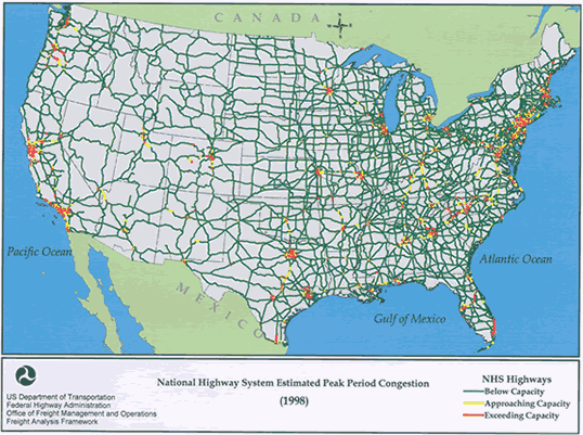 Map of the continental United States showing the national highway system as a dense network. Highways that are approaching capacity and highways that are exceeding capacity are located in population centers along the East coast, in the Midwest, the Gulf coast, and West coast states.