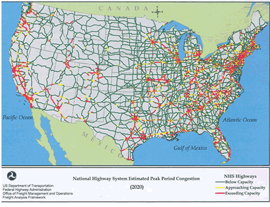 Map of the continental United States showing the national highway system as a dense network in the year 2020. Extensive stretches of highways that are exceeding capacity are located along the East coast, in the Midwest, the Gulf coast, and West coast states. Interspersed among these are several stretches of highway that are approaching capacity.