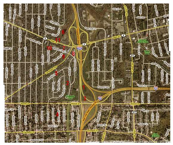 Map. Shows on and off ramps around the I-90/I-290 interchange in Buffalo, New York. Table 2.1 contains further information.