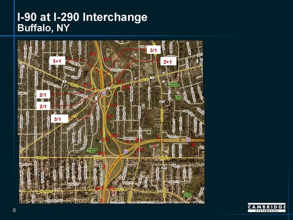 Detailed map of I-90/I-290 interchange in Buffalo, New York, showing ramp junctures.