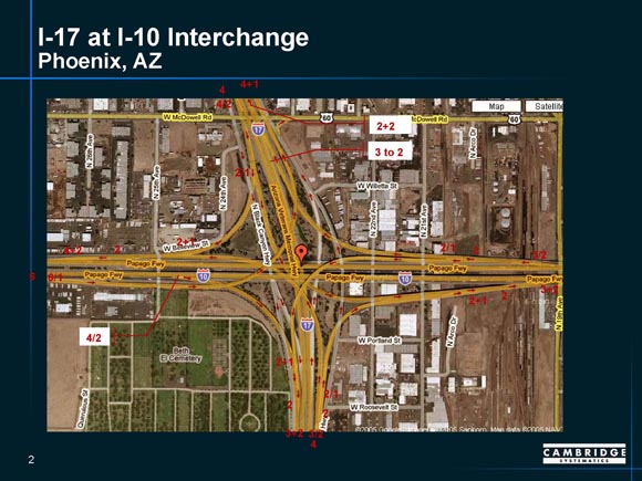 Map of I-17/I-10 interchange in Phoenix, Arizona, showing ramp junctures.
