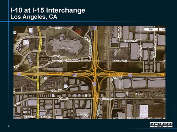 Detailed map of I-10/I-15 interchange in Los Angeles, California, showing ramp junctures.