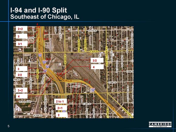 Detailed map of I-94/I-90 split near Chicago, Illinois, showing ramp junctures.