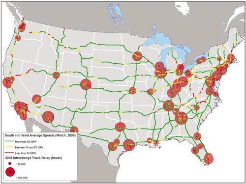 Figure ES4. Map of the United States showing average speeds (2008 data) and interchange bottlenecks (2006 data). Average speed tends to be more than 55 miles per hour, but is lower near state borders and near areas of truck delay. Areas of delay are primarily in New England, in a band running from Michigan down through Florida, and along the coasts in Texas, California, and Washington. 