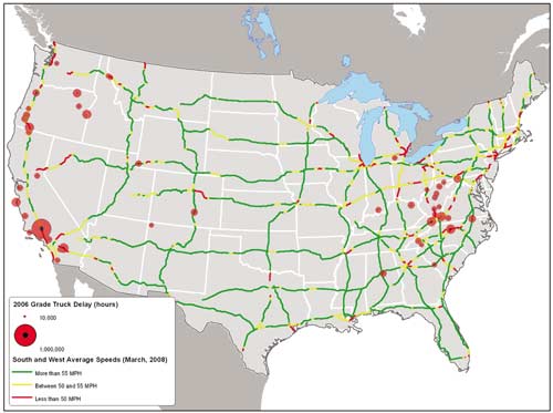 Figure ES5. Map of the United States showing average speeds (2008 data) and grade bottlenecks (2006 data). Average speed tends to be more than 55 miles per hour, but is lower near state borders and near areas of truck delay. Patches of truck delay are in and around West Virginia and along the coast of California up through Washington.
