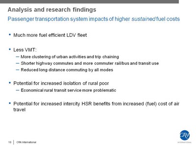 Analysis and research findings - Passenger transportation system impacts of higher sustained fuel costs. Bullet list with four items. (1) Much more fuel efficient LDV fleet. (2) Less VMT: More clustering of urban activities and trip chaining; Shorter highway commutes and more commuter rail/bus and transit use; Reduced long distance commuting by all modes. (3) Potential for increased isolation of rural poor, indicated by Economical rural transit service more problematic. (4) Potential for increased intercity HSR benefits from increased (fuel) cost of air travel.