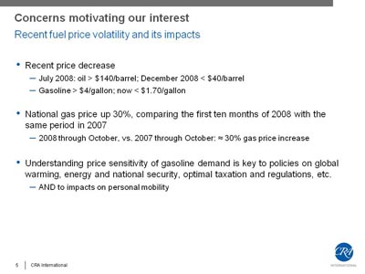 Concerns motivating our interest - Recent fuel price volatility and its impacts. Bullet list with three items. (1) Recent price decrease, indicated by July 2008: oil > $140/barrel; December 2008 < $40/barrel; Gasoline > $4/gallon; now < $1.70/gallon. (2) National gas price up 30%, comparing the first ten months of 2008 with the same period in 2007, indicated by 2008 through October, vs. 2007 through October: ? 30% gas price increase. (3) Understanding price sensitivity of gasoline demand is key to policies on global warming, energy and national security, optimal taxation and regulations, etc., indicated by AND to impacts on personal mobility.