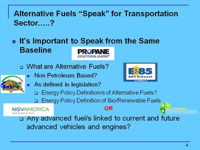 Alternative Fuels 'Speak' for Transportation Sector? Main text heading : It's Important to Speak from the Same Baseline. Subordinate text heading: What are Alternative Fuels?, with bullet list having two items: Non Petroleum Based? and As defined in legislation?, followed by two list items: Energy Policy Definition/s of Alternative Fuels?, Energy Policy Definition of Bio/Renewable Fuels. Subordinate text heading: Any advanced fuel/s linked to current and future advanced vehicles and engines?. Five graphics show logos of energy companies.