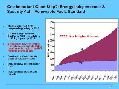 One Important Giant Step?: Energy Independence & Security Act - Renewable Fuels Standard. Bullet list with six items and line chart. List items include: Modifies Current RFS program beginning in 2008; Volumes increase to 9 Bgal/yr in 2008 - escalating to 36 Bgal/year by 2022; Establishes new renewable fuel categories and eligibility requirements, including GHG reduction thresholds!; Provides new waivers and paper credit provisions; Includes new obligation for fuels; Includes new studies and reports. Line chart plots billions of gallons over time from 2006 through 2022 for two data sets. RFS1 starts just below a value of 50 billion gallons in 2006 and trends upwards slowly to a value just under 75 billion gallons in 2011, and remains flat to end at a value of about 90 billion gallons in 2022. RFS2 starts at a value of about50 billion gallons in 2008 and climbs steadily a value above 35 billion gallons in 2022. Chart legend: RSF2 much higher volumes.