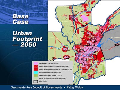 Base Case Urban Footprint - 2050. A large map shows areas of existing (year 2001) and planned (year 2050) development and boundaries. 