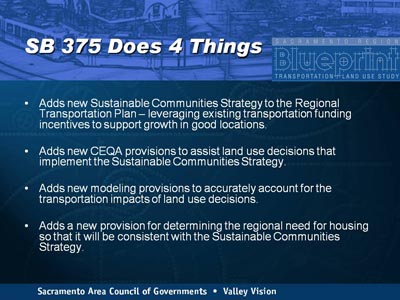 SB 375 Does 4 Things. Bullet list with four items. (1) Adds new Sustainable Communities Strategy to the Regional Transportation Plan - leveraging existing transportation funding incentives to support growth in good locations. (2) Adds new CEQA provisions to assist land use decisions that implement the Sustainable Communities Strategy. (3) Adds new modeling provisions to accurately account for the transportation impacts of land use decisions. (4) Adds a new provision for determining the regional need for housing so that it will be consistent with the Sustainable Communities Strategy.