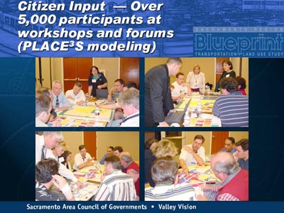 Citizen Input - Over 5,000 participants at workshops and forums (PLACE3S modeling). Four photographs shows people participating in meetings at a large table covered with documents and maps.