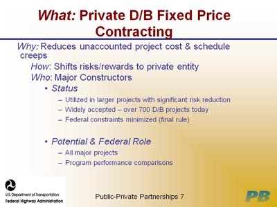 What: Private D/B Fixed Price Contracting. Why: Reduces unaccounted project cost & schedule creeps; How: Shifts risks/rewards to private entity; Who: Major Constructors; Status, which is indicated by three items: Utilized in larger projects with significant risk reduction, Widely accepted - over 700 D/B projects today, Federal constraints minimized (final rule); Potential & Federal Role, which is indicated by All major projects, Program performance comparisons.