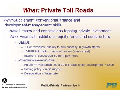 What: Private Toll Roads. Why: Supplement conventional finance and development/management skills; How: Leases and concessions tapping private investment; Who: Financial institutions, equity funds and constructors; Status, which is indicated by three items: 7 percent of revenues, but key to new capacity in growth states, 10 PPP toll roads - range of models (some small), and Interest in concession up-front payments; Potential & Federal Role, which is indicated by three items: Future PPP potential: 38 of 79 toll roads under development = $60B, Pricing policy, credit support, and Deregulation of Interstate.