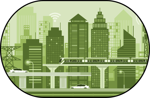 This illustration from the Federal Highway Administration depicts a modern, integrated urban landscape representing the transformation of the U.S. transportation system. The graphic features layered infrastructure, including multi-level roadways and a transit rail system, alongside high-density buildings and icons symbolizing smart technology and connectivity.
