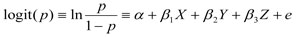 The expression logit open parenthesis p close parenthesis end expression is equivalent to the expression ln begin fraction begin numerator p end numerator over begin denominator 1 minus operator p end denominator end fraction end expression is equivalent to alpha plus operator beta begin subscript 1 end subscript begin uppercase x end uppercase plus operator beta begin subscript 2 end subscript begin uppercase y end uppercase plus operator beta begin subscript 3 end subscript begin uppercase z end uppercase plus operator e.