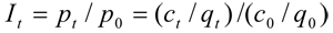 Equation for price index. The price index for a specific cost item of highway construction is the price of that item in period t divided by the price in the reference (or base) period 0. The price in period t is equal to the cost of the item in period t divided by the quantity in period t all divided by the cost in period 0 divided by the price in period 0.