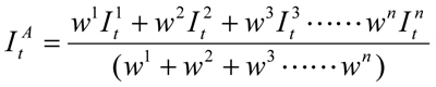 Equation for weighted average of price indexes of individual cost items. The index for the nth cost item for time period t is equal to the weight assigned to the 1st cost item times the index for that item in time period t plus the weight assigned to the 2nd cost item times the index for that item in time period t for all time periods n; this is all divided by the sum of the weights for all time periods.