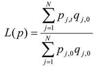 Laspeyres price index L of p is equal to the ratio of (the price of item j in time period t times the quantity of item j in the base period summed over all j index components) divided by (the price of item j in the base time period times the quantity of item j purchased in the base period).
