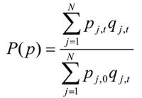 Paasche price index P of p is equal to the ratio of (the price of item j in time period t times the quantity of item j in the current time period t summed over all j index components) divided by (the price of item j in the current time period t times the quantity of item j purchased in the base period).