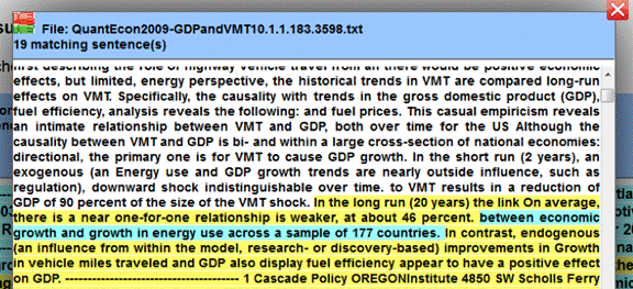 Figure 2: This computer screenshot depicts sample text from an article about VMT and economic growth. The phrase 'between economic growth and growth in energy use across a sample of 177 countries' is highlighted in blue. This draws the reader's attention to the fact that the two types of growth are mentioned in close proximity to each other, meaning that this article should be furthered considered in the literature search. The sentences directly before and after this phrase are highlighted in yellow.