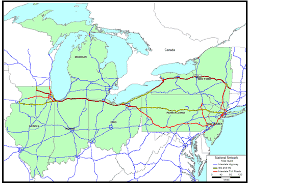 Partial U.S. map showing seven corridor states in green-Illinois, Indiana, Michigan, Ohio, Pennsylvania, New Jersey, and New York-and the tolled sections of the corridor's Interstate highways in red, according to Highway Performance Monitoring System data. I-80 is tolled from Chicago to southeast of Cleveland. I-90 is tolled from northwest of Chicago to Cleveland and from southwest of Buffalo to Albany.