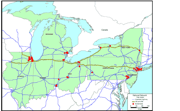 Partial U.S. map showing seven corridor states in green-Illinois, Indiana, Michigan, Ohio, Pennsylvania, New Jersey, and New York- and the routes of I-80 and I-90 in yellow, the routes of other Interstate highways in blue, and bottlenecks as solid red dots, according to the Federal Highway Administration. Areas with the greatest number of bottlenecks include Chicago, Detroit, Philadelphia, and portions of New Jersey and New York near New York City. Only Indiana has no bottlenecks.