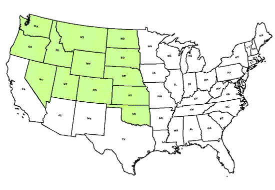map of United States showing Colorado, Idaho, Kansas, Montana, Nebraska, Nevada, North Dakota, Oklahoma, Oregon, South Dakota, Utah, Washington and Wyoming as shaded