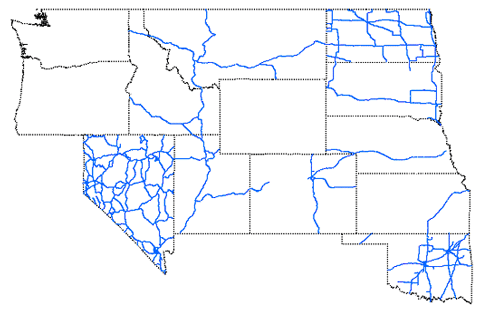 Map of western states showing Turnpike Doubles Base Case Network 
