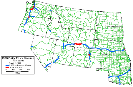 Map of western states showing truck volumes, estimated congested segments, 1998