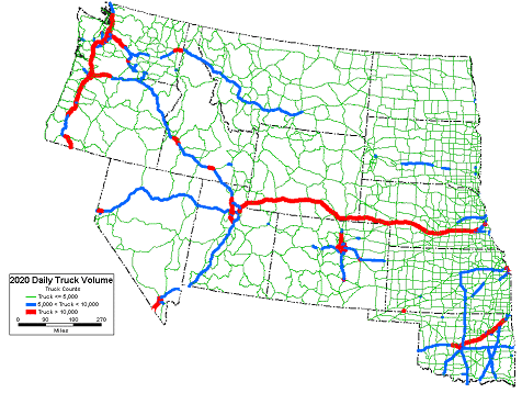 Map of western states showing truck volumes, estimated congested segments, 2020.  No change in size and weight regulations.