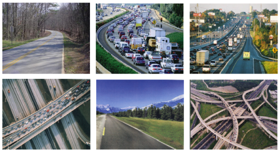 Cover image. 6 highway related photos. A 2 lane tree lined road, a crowded highway, a suburban road, a flyover, a traffic lane, and a clover leaf.