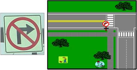 Drawing of an intersection configuration for which right turning movements are prohibited from a particular street to the intersecting street (i.e. cross street), which would be identified as a Code '6' for this Data Item.