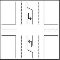A drawing that shows a left turn lane in the above and lower lanes. 