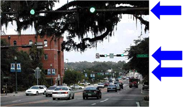 Photo with arrows pointing to 3 successive traffic signals.