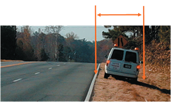 Figure 4.56 shows the appropriate limits for the measurement of an earth shoulder on a given section of road.  The width is to be measured from the outer edge of the roadway (i.e. stripe) to the break point of the shoulder.