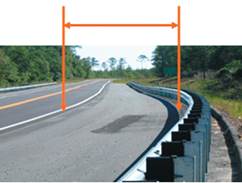 Figure 4.58 shows the appropriate limits for the measurement of a shoulder with guardrails on given section of road.  The width is to be measured from the outer edge of the through-lane (i.e. white stripe) to the face of the guardrail.