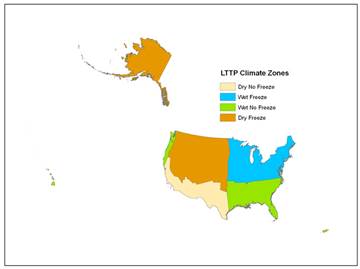 Figure 4.97 is a map the Long Term Pavement Performance (LTPP) Climate Zones, which consists of four regional zones: (1) Dry - No Freeze, (2) Wet - Freeze, (3) Wet - No Freeze, and (4) Dry - Freeze.