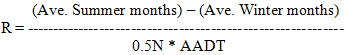 R equals (Ave. Summer months) - (Ave. Winter months) over 0.5N asterisk AADT.