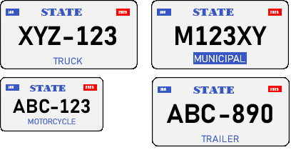 Different kinds of public and private license plates--such as truck, trailer, and municipal--are shown.