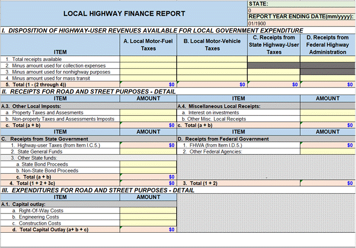 A visual representation of the blank "Local Highway Finance Report" form, used by local governments to report their unique revenue and spending. 